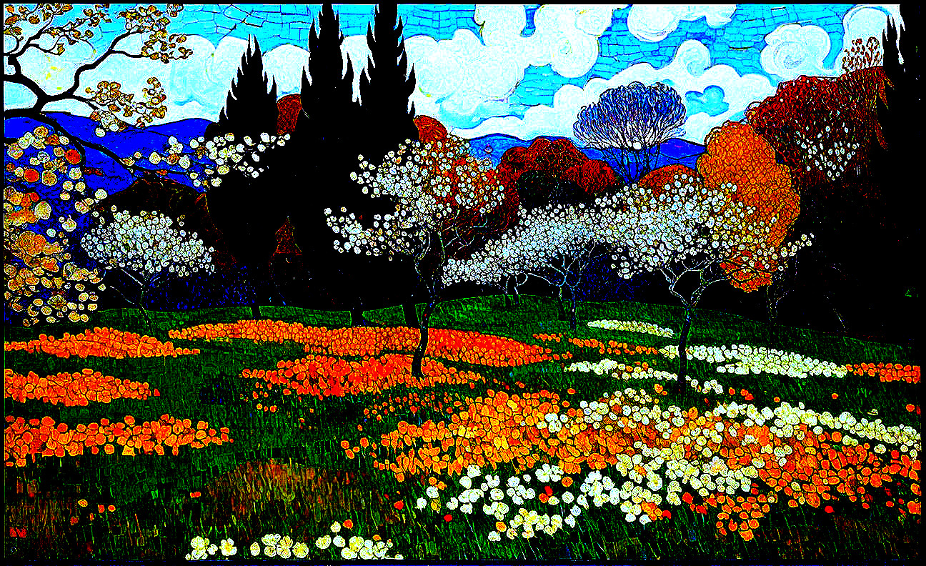 Vibrant Landscape with Lush Field and Blooming Flowers