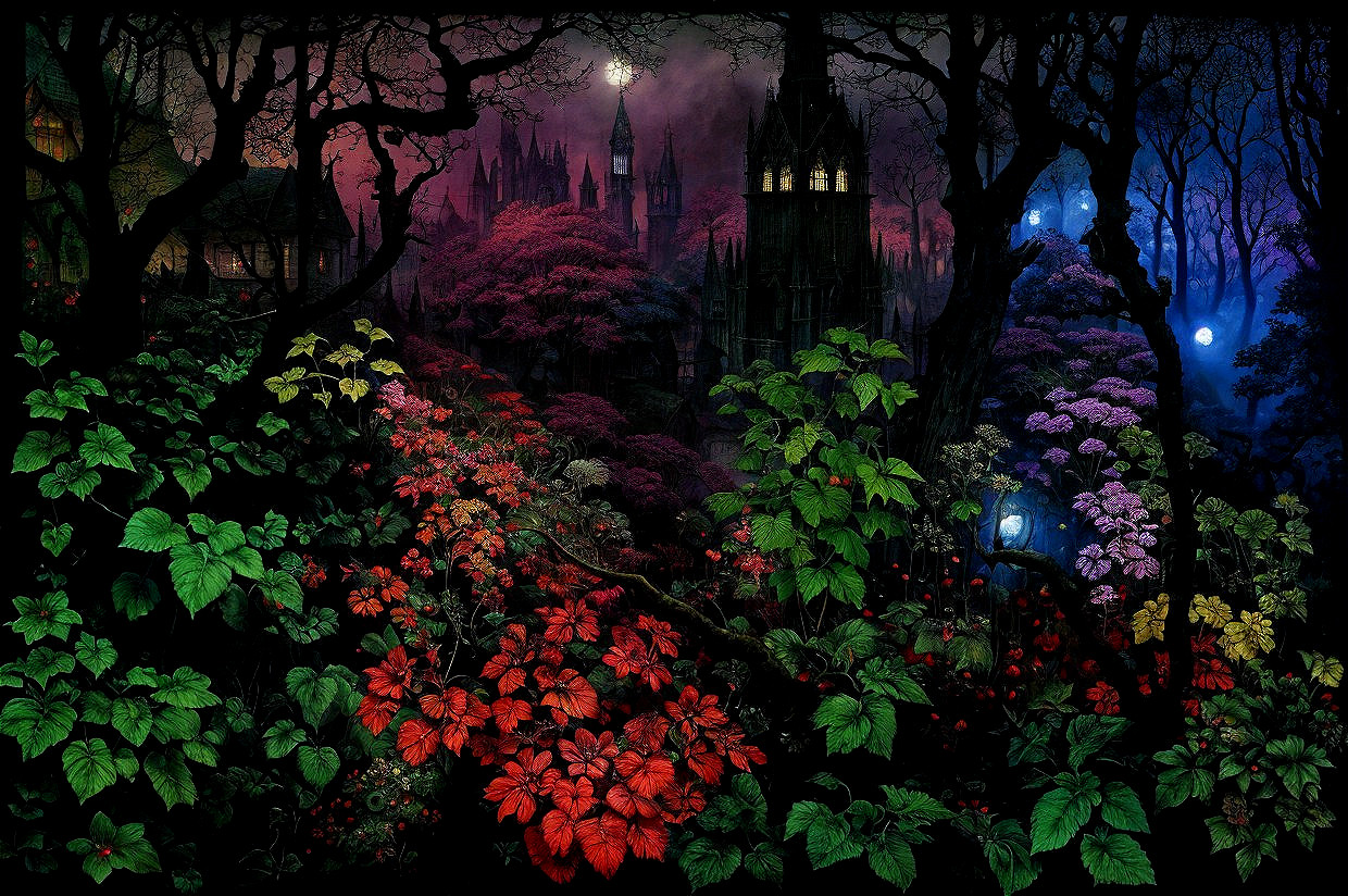 Twilight Mystical Landscape with Colorful Foliage and Castle