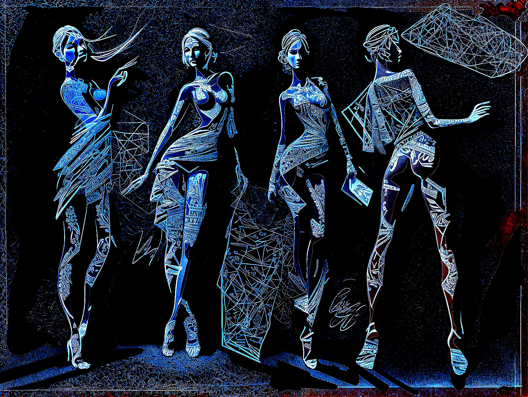 Stylized Female Figures with Geometric Patterns