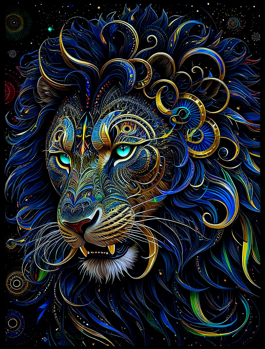 Intricate Lion Head Design with Blue and Gold Colors