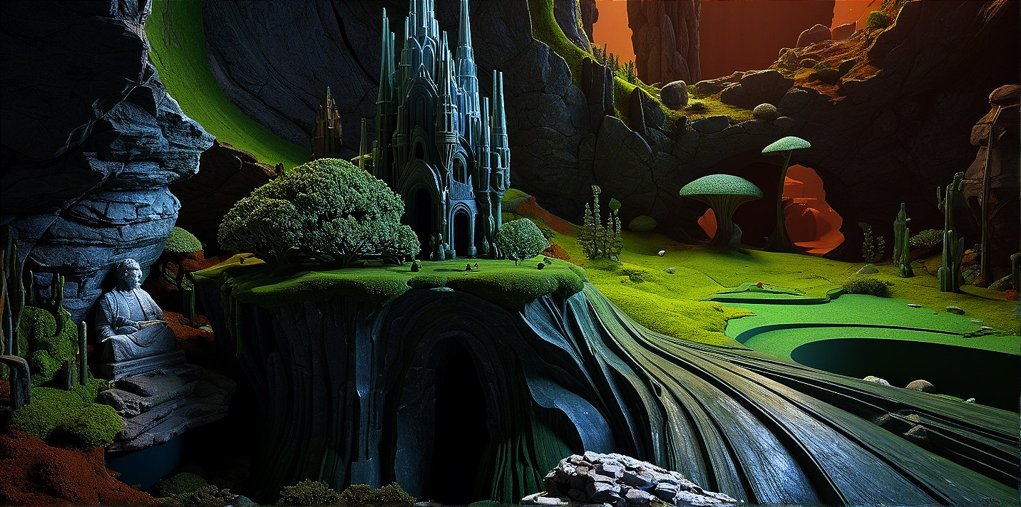 Surreal Landscape with Crystalline Structures and Nature