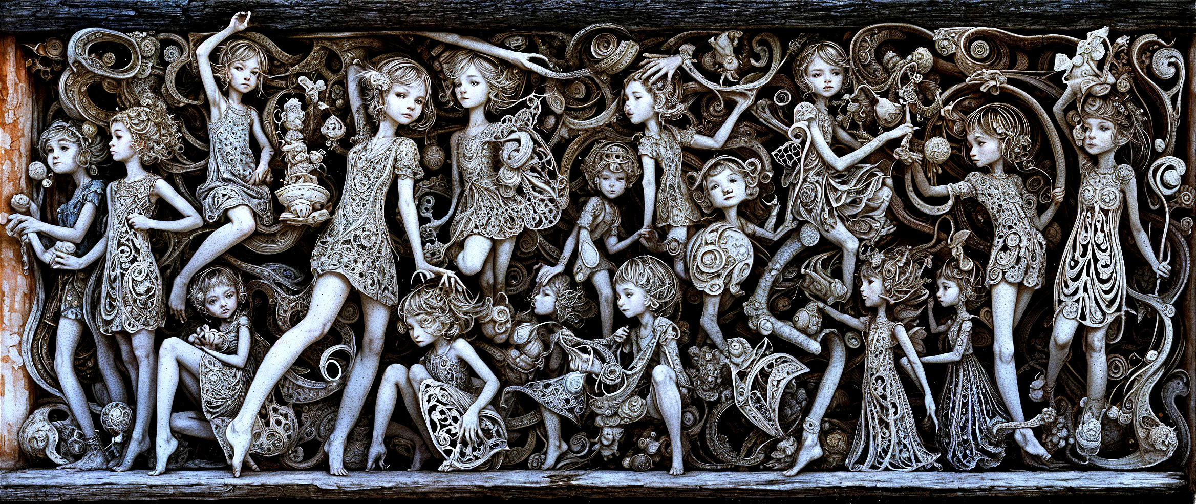 Intricate Artwork with Whimsical Figures and Patterns