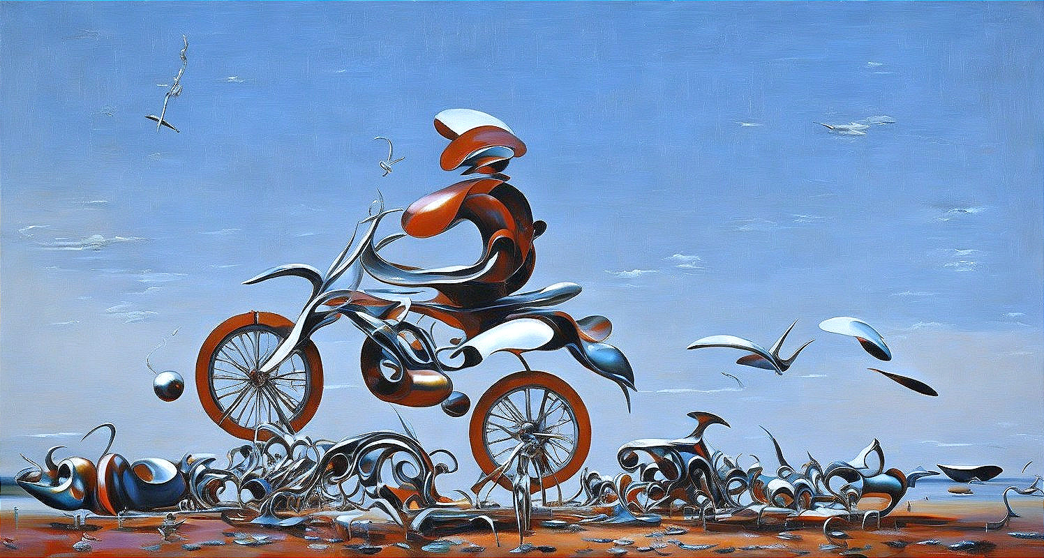 Surreal Scene of Abstract Figure on Motorcycle