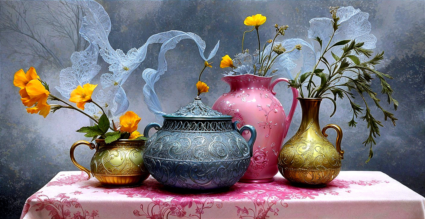 Ornate Vases with Delicate Flowers in Still Life Arrangement
