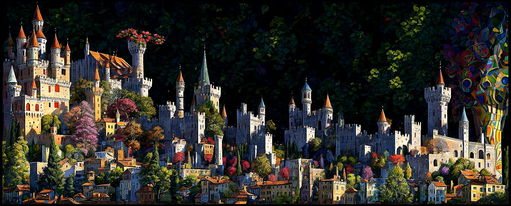 Vibrant Fairy-Tale Cityscape with Majestic Castle