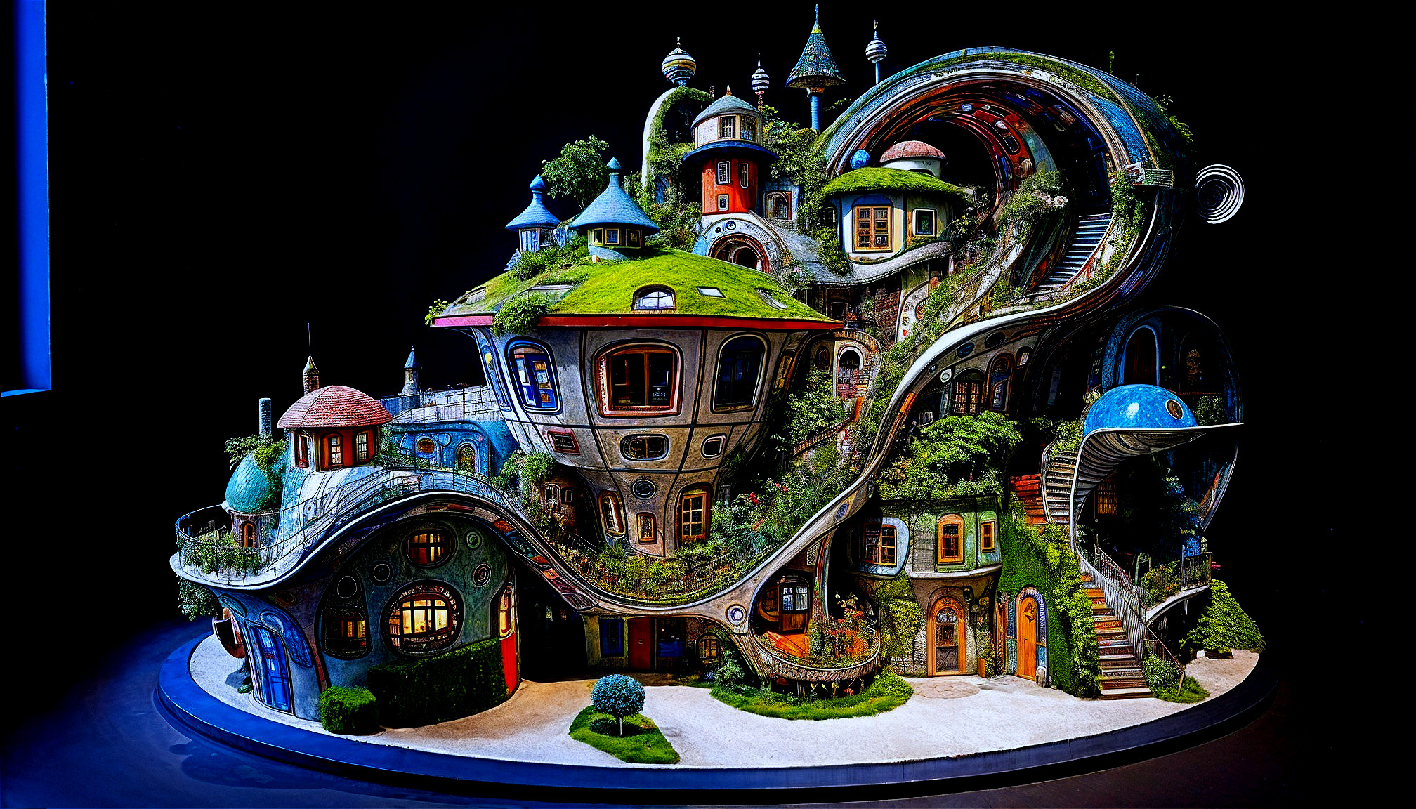 Whimsical Structure with Curving Pathways and Domes