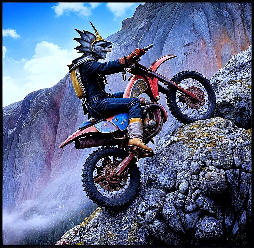 Surreal Rider in Bird Helmet on Vintage Dirt Bike