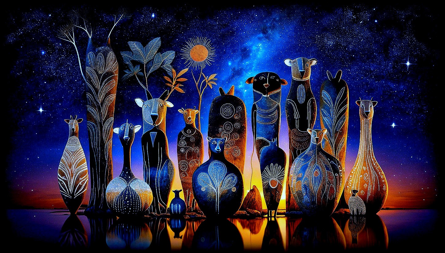 Surreal Landscape with Stylized Animal Figures