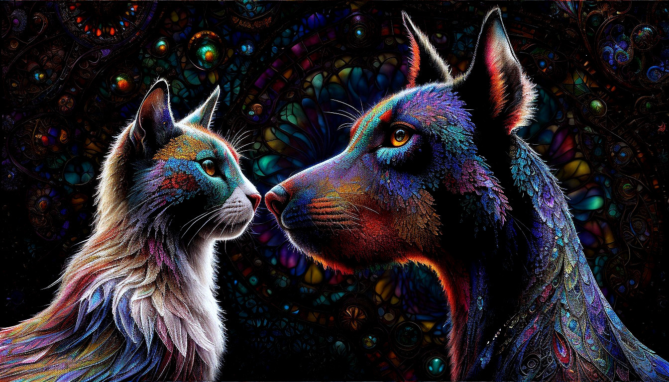 Surreal Portrait of Cat and Dog in Vibrant Colors
