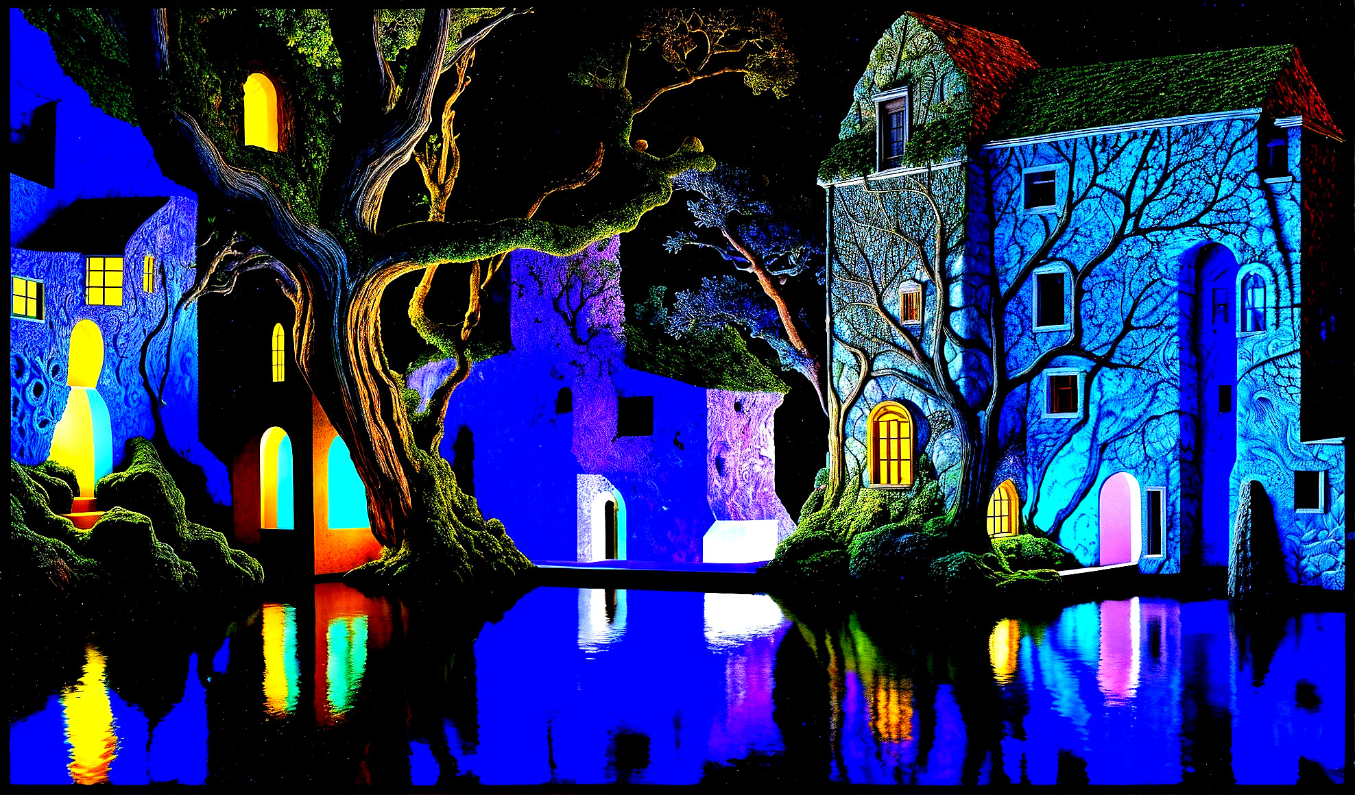 Surreal Landscape with Illuminated Whimsical Houses