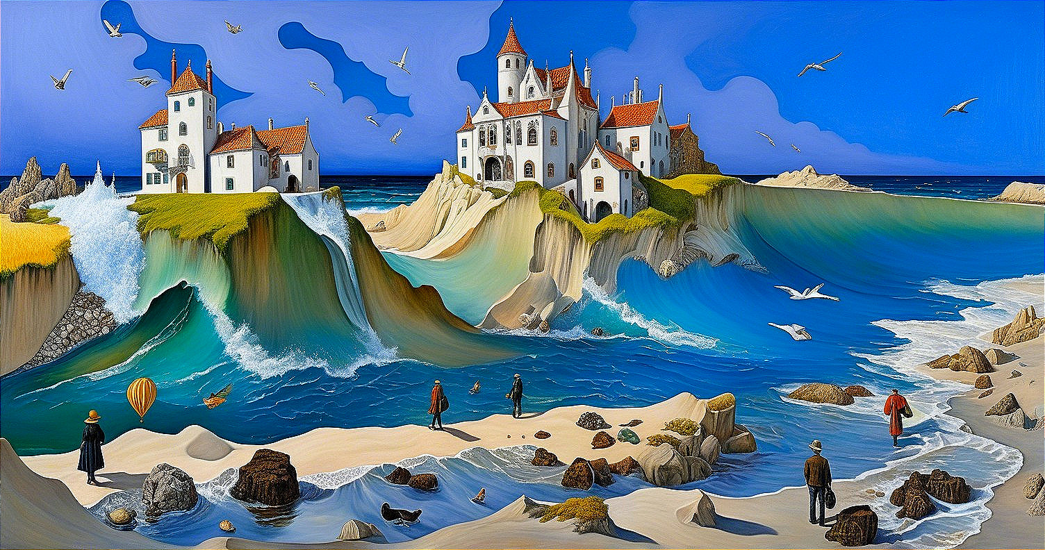 Surreal Coastal Scene with Castle and Vibrant Waves