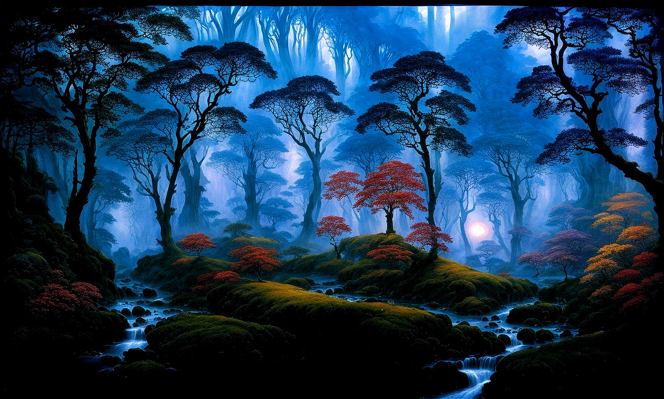 Tranquil Forest Scene with Blue Tones and Vibrant Foliage