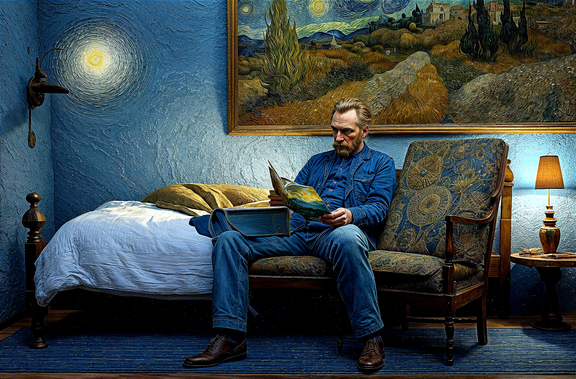 Man in Cozy Room Reading with Van Gogh-Inspired Art