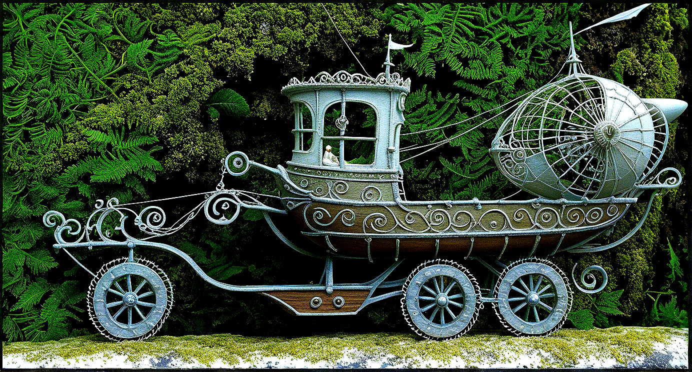 Intricately Designed Metallic Boat on Wheels
