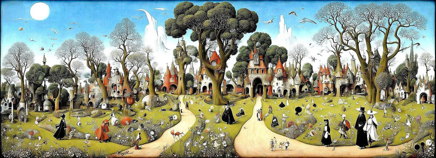 Whimsical Village Landscape with Vibrant Nature and People