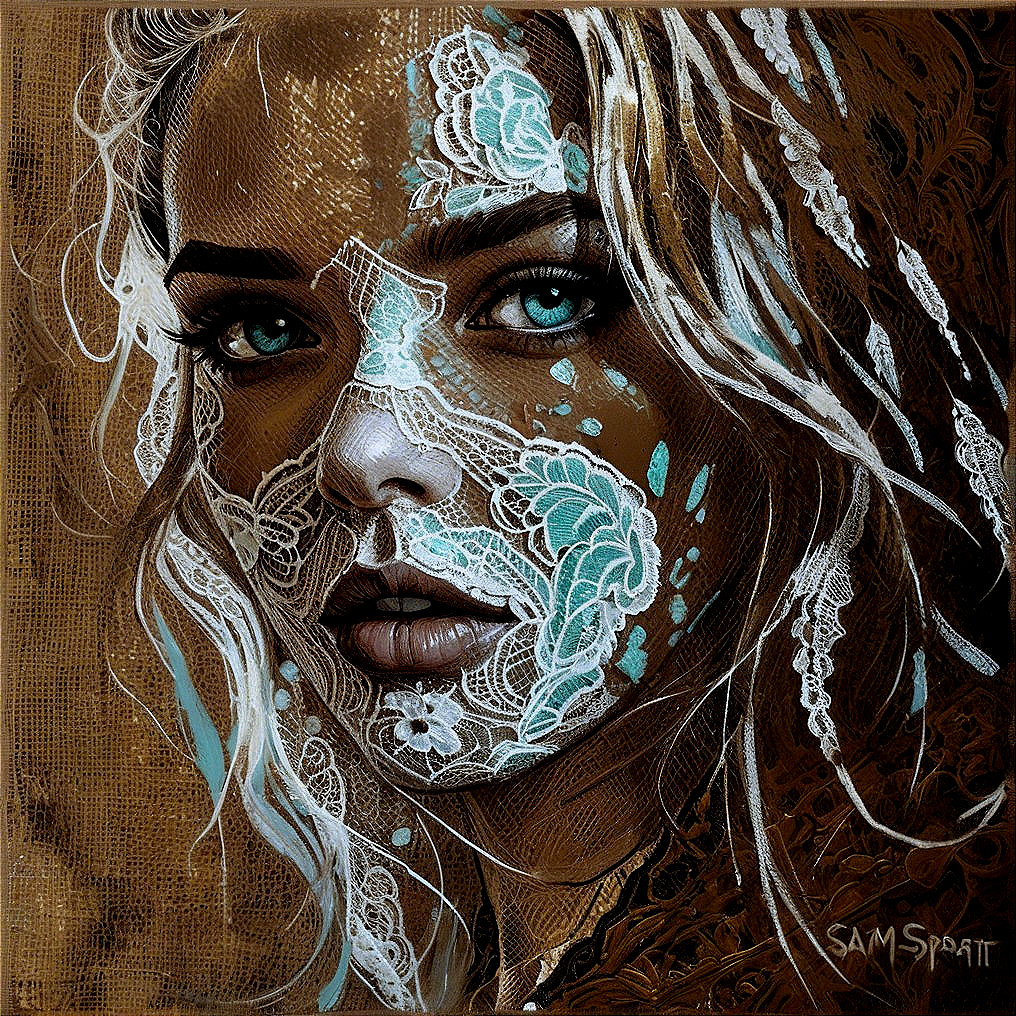 Close-up of a woman's face with lace and floral patterns