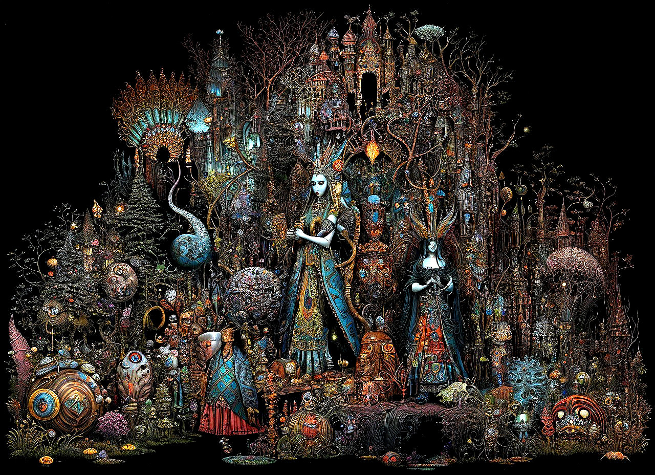 Surreal Landscape with Whimsical Structures and Creatures
