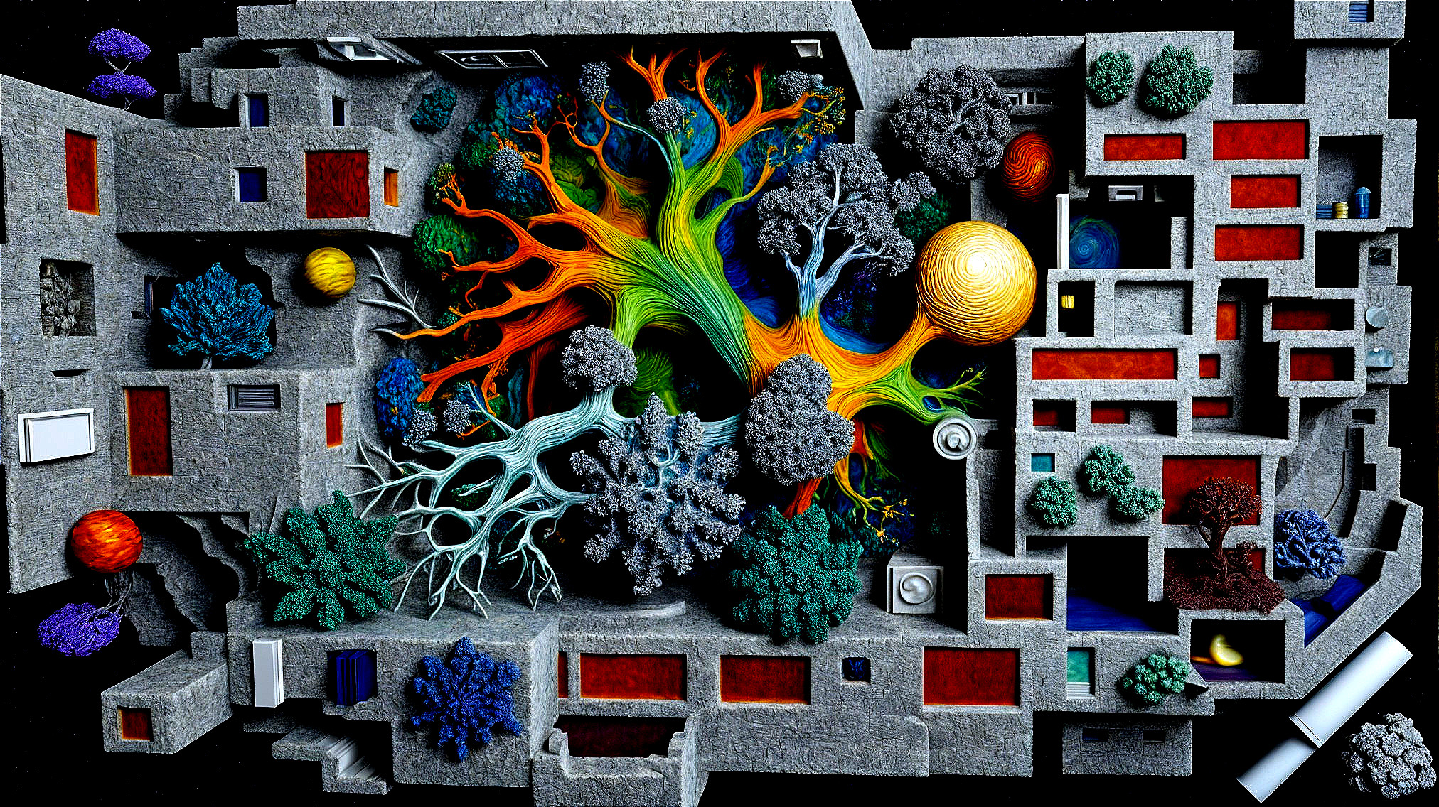Surreal Landscape with Geometric Architecture and Trees