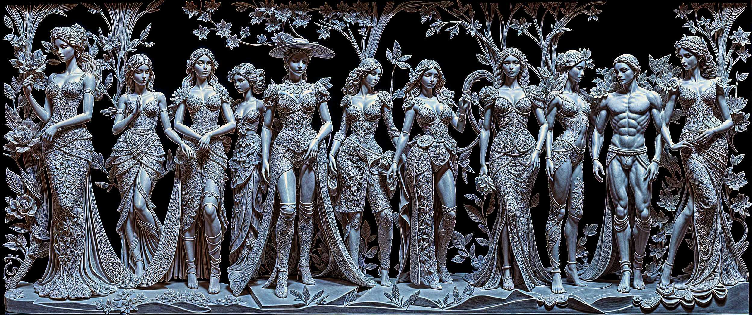 Relief Sculpture of Eleven Elegant Figures with Floral Patterns