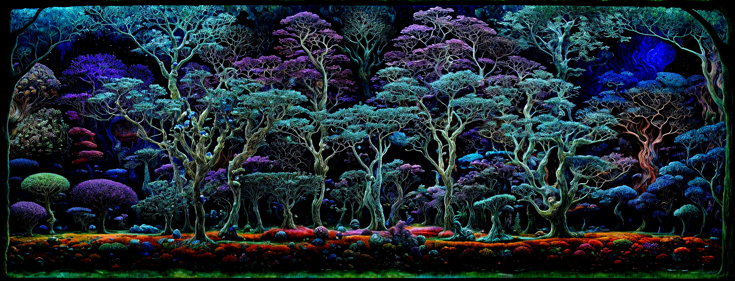 Enchanted forest with vibrant trees and surreal plants