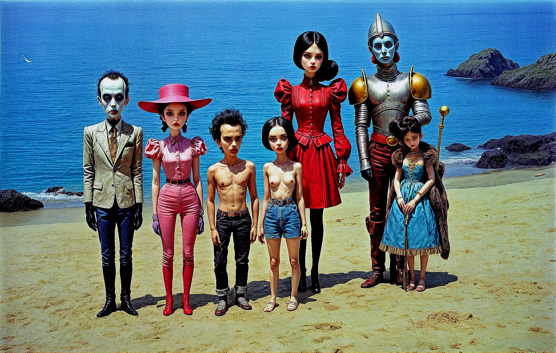 Whimsical Beach Scene with Stylized Doll-like Figures