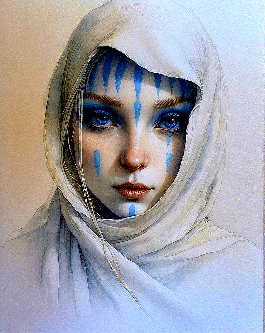 Portrait of a Woman with Blue Eyes and Tribal Markings