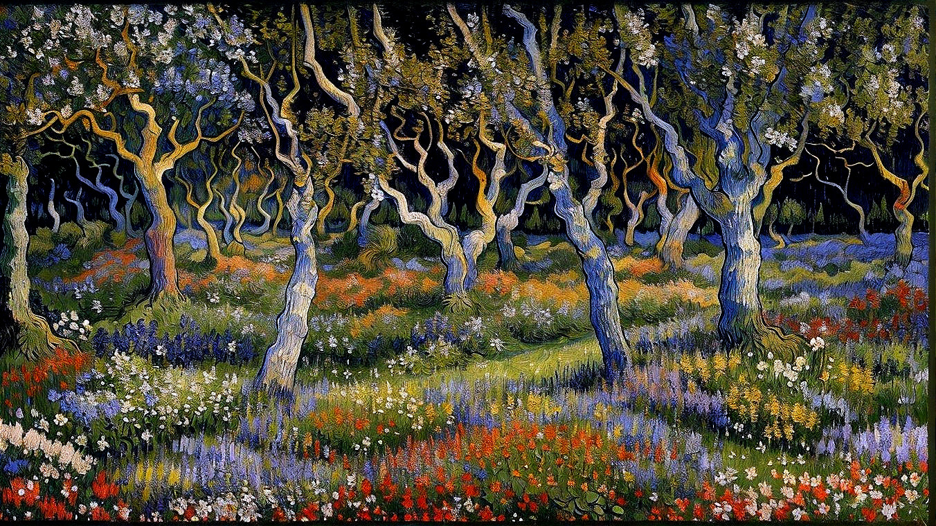 Vibrant Dreamlike Forest Scene with Colorful Trees