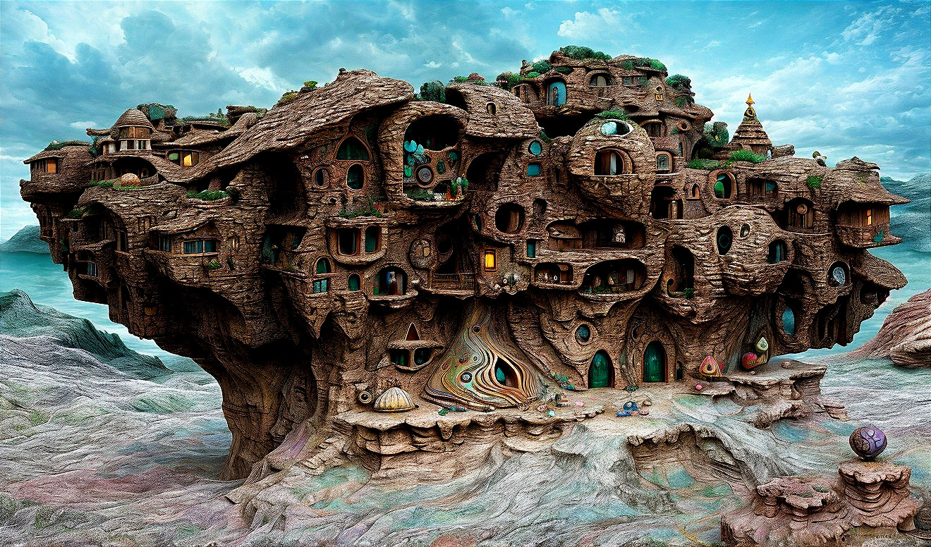 Intricate Organic Treehouse in Surreal Landscape