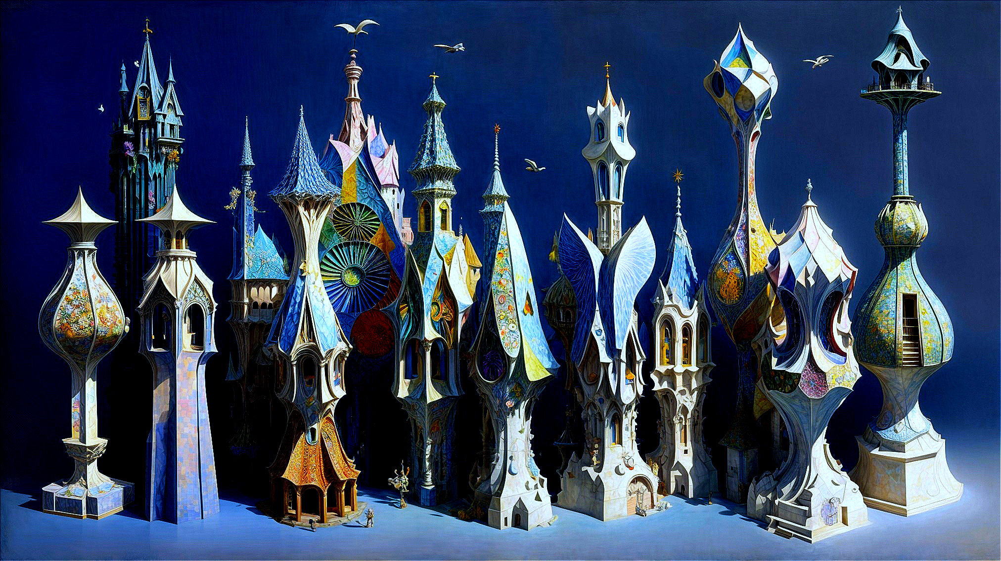 Whimsical Cityscape with Unique Towers and Colors