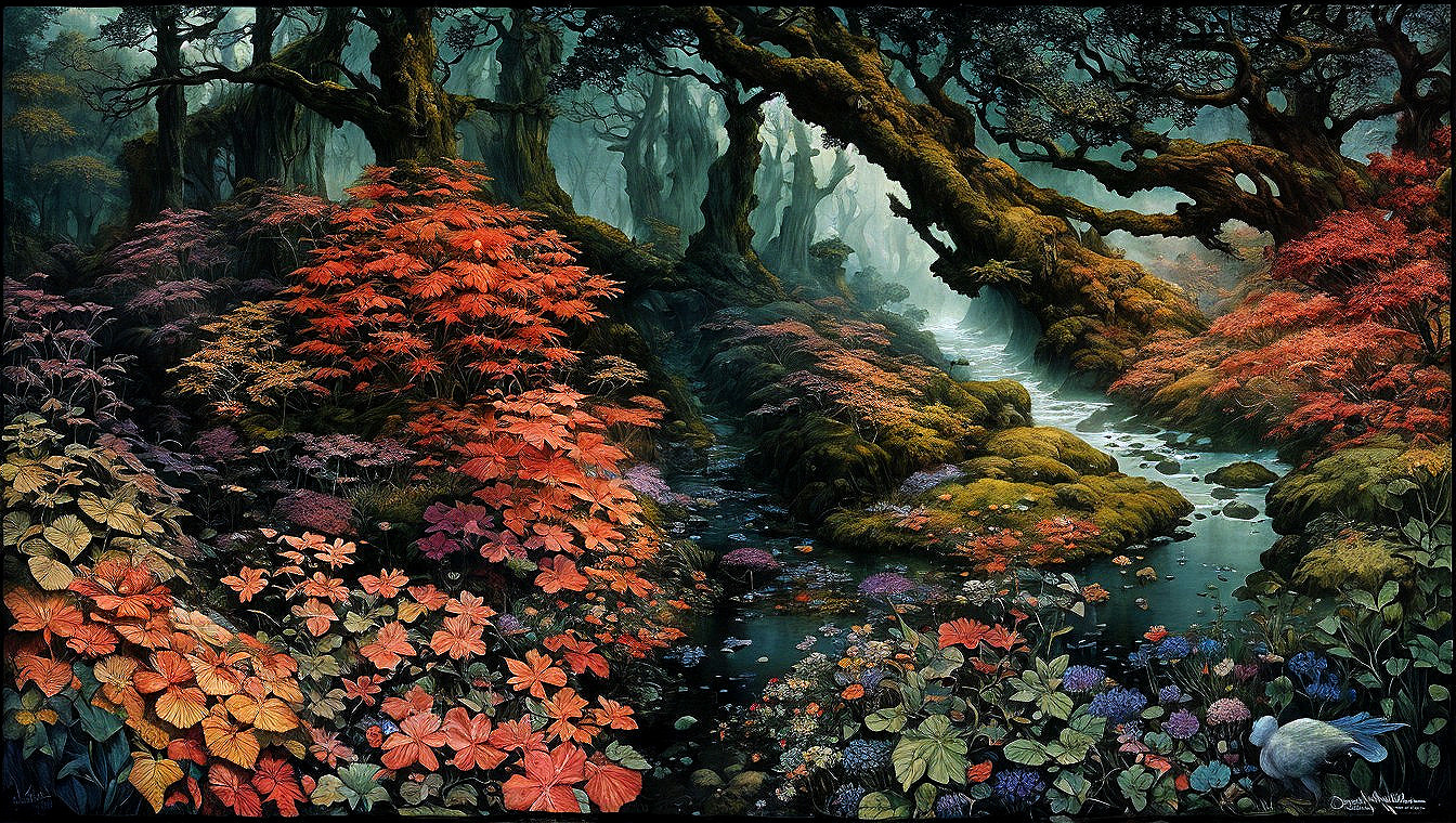 Enchanting Forest Scene with Lush Foliage and Stream