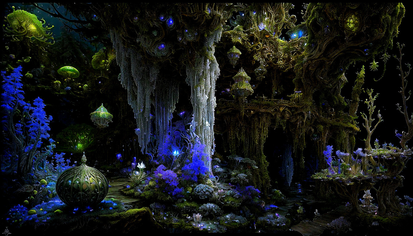 Fantastical Underwater Landscape with Bioluminescent Flora