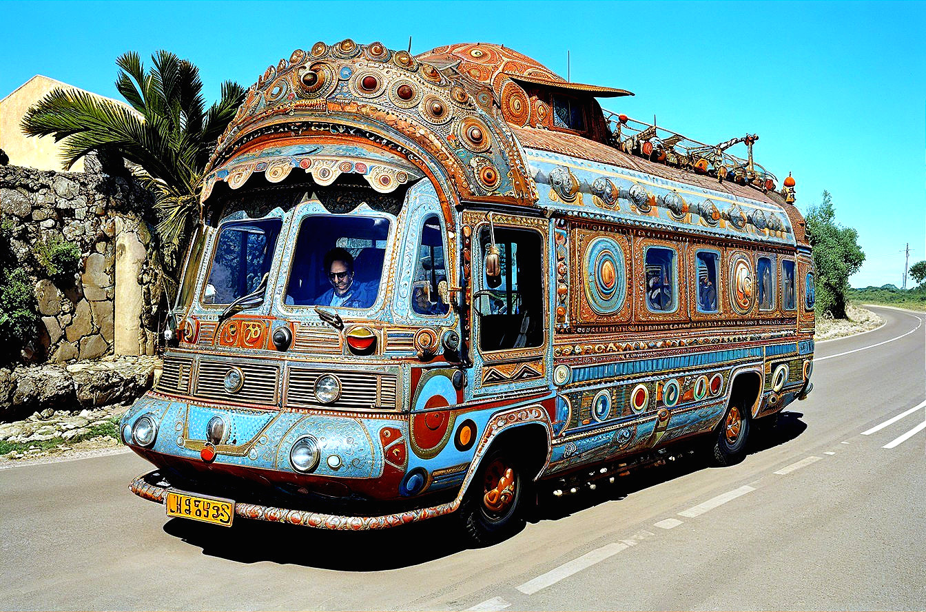 Colorful Bohemian Camper Van on Sunny Road