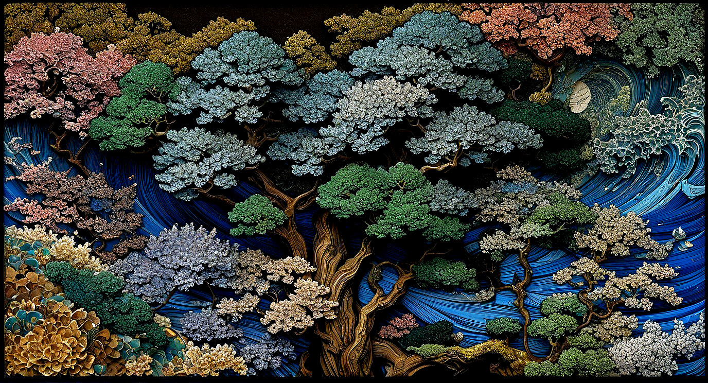 Vibrant Mural of Surreal Landscape with Stylized Trees