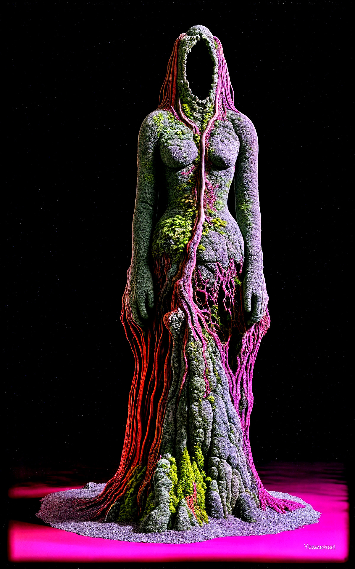 Surreal Humanoid Figure with Organic Growths and Colors