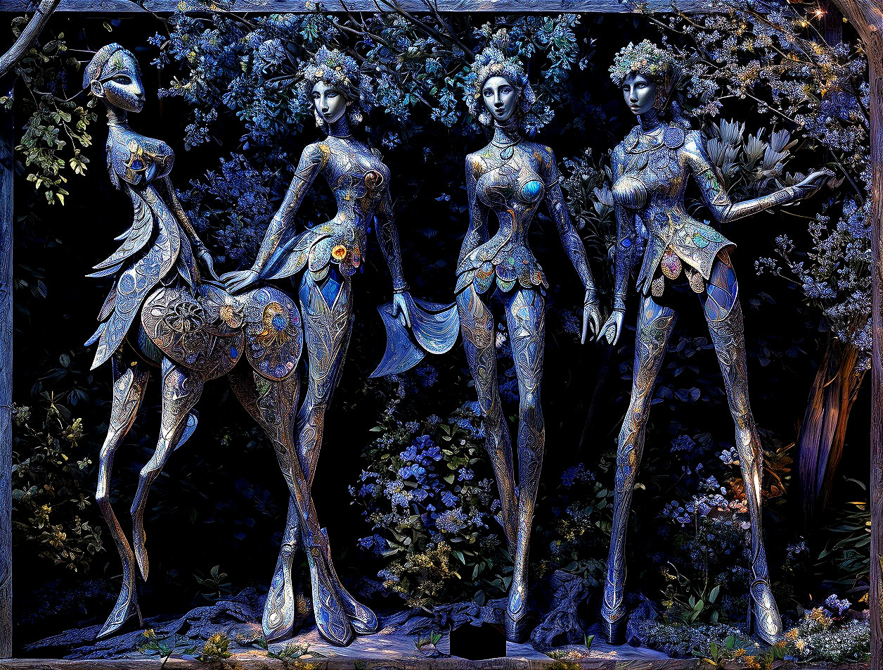 Ethereal Figures in a Lush Flowering Landscape