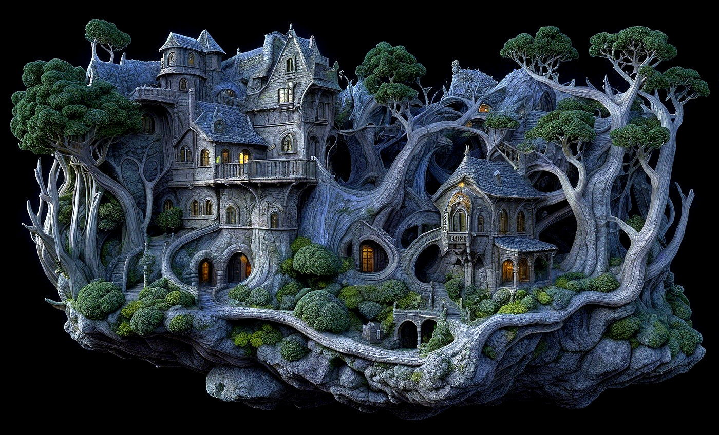 Mystical House Among Ancient Trees with Towers and Glow