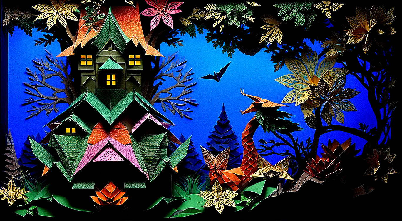 Whimsical Paper House with Dragon and Bats Scene