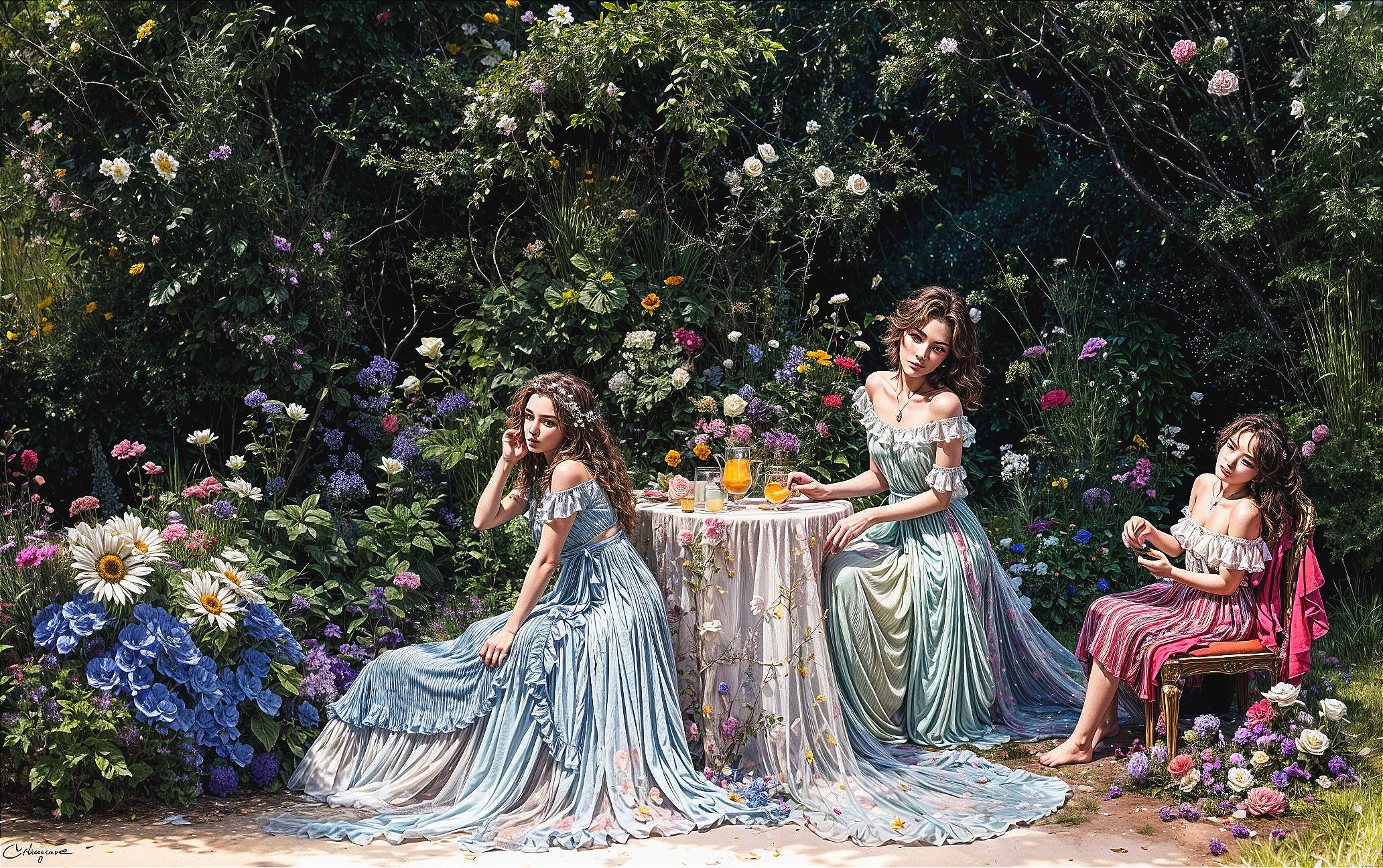Young women in elegant dresses in flower garden setting