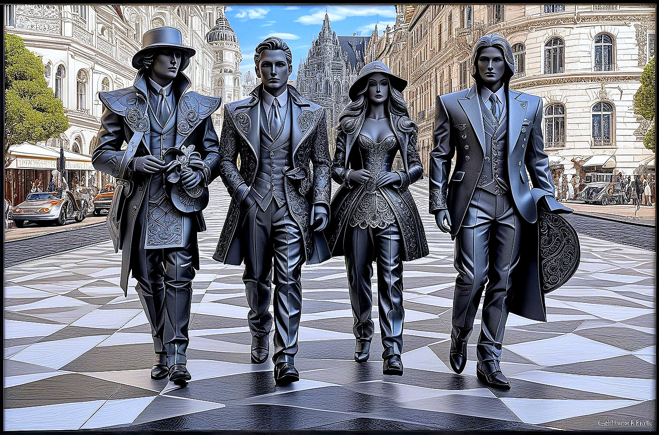 Stylish Figures in Grand Architectural Plaza Scene