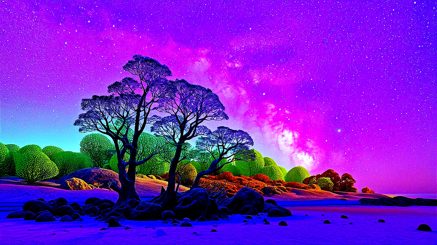 Surreal Landscape with Colorful Trees and Stars