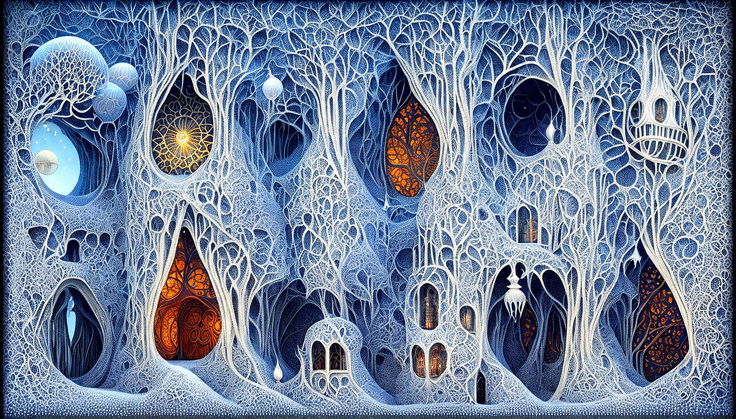 Intricate Blue Tapestry of Fantasy Forest Elements