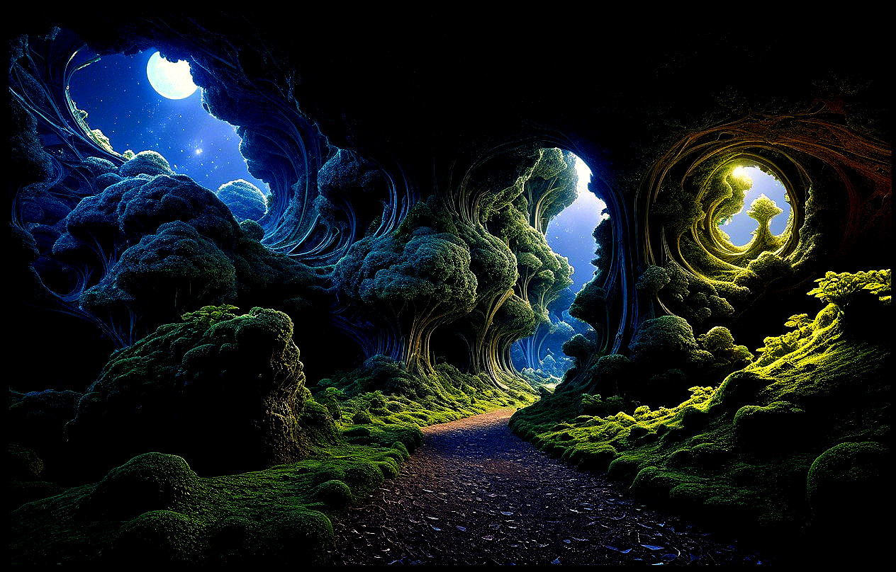 Mystical Forest Scene with Glowing Moon and Stars