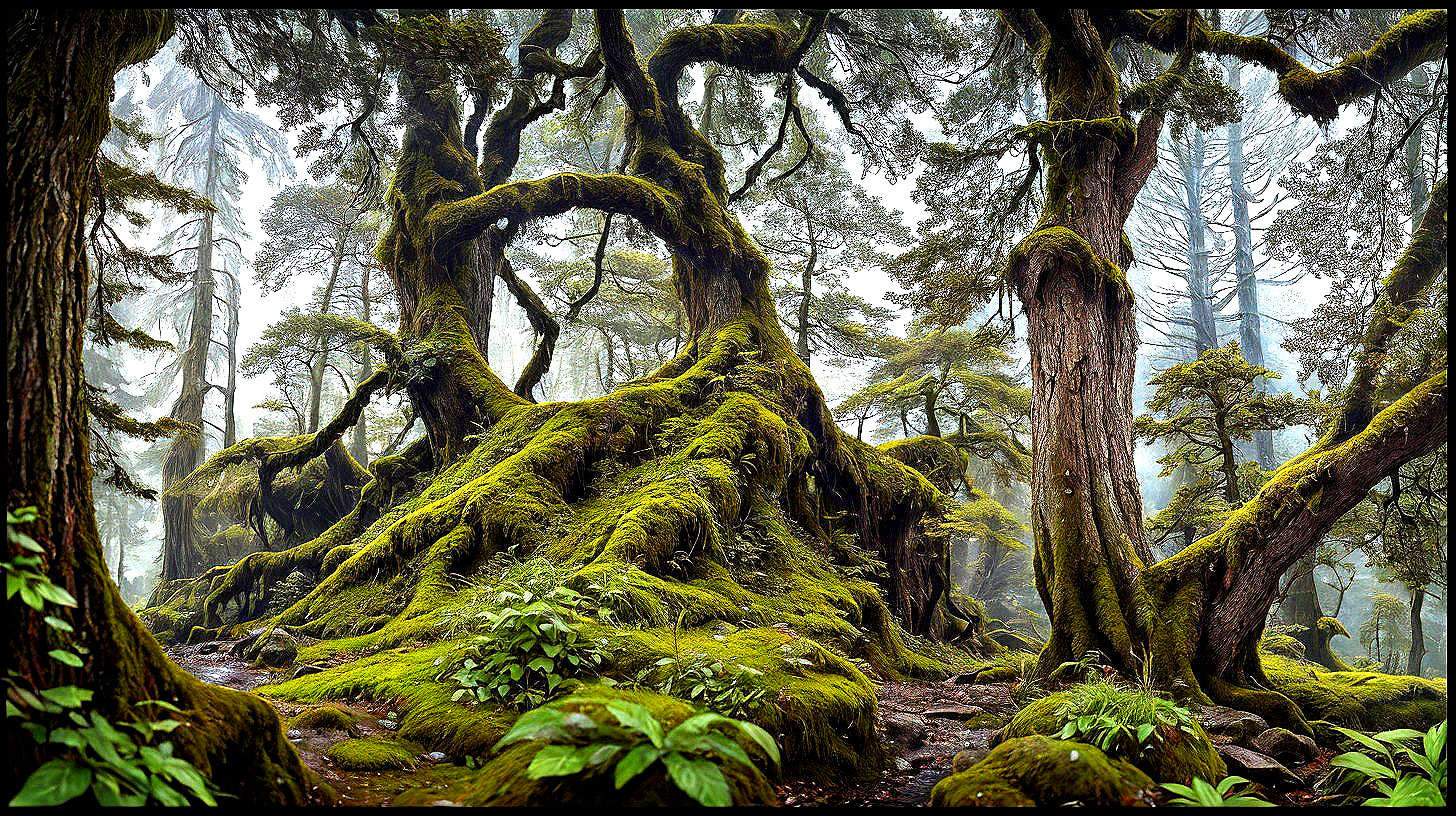Mystical Forest with Towering Trees and Soft Mist