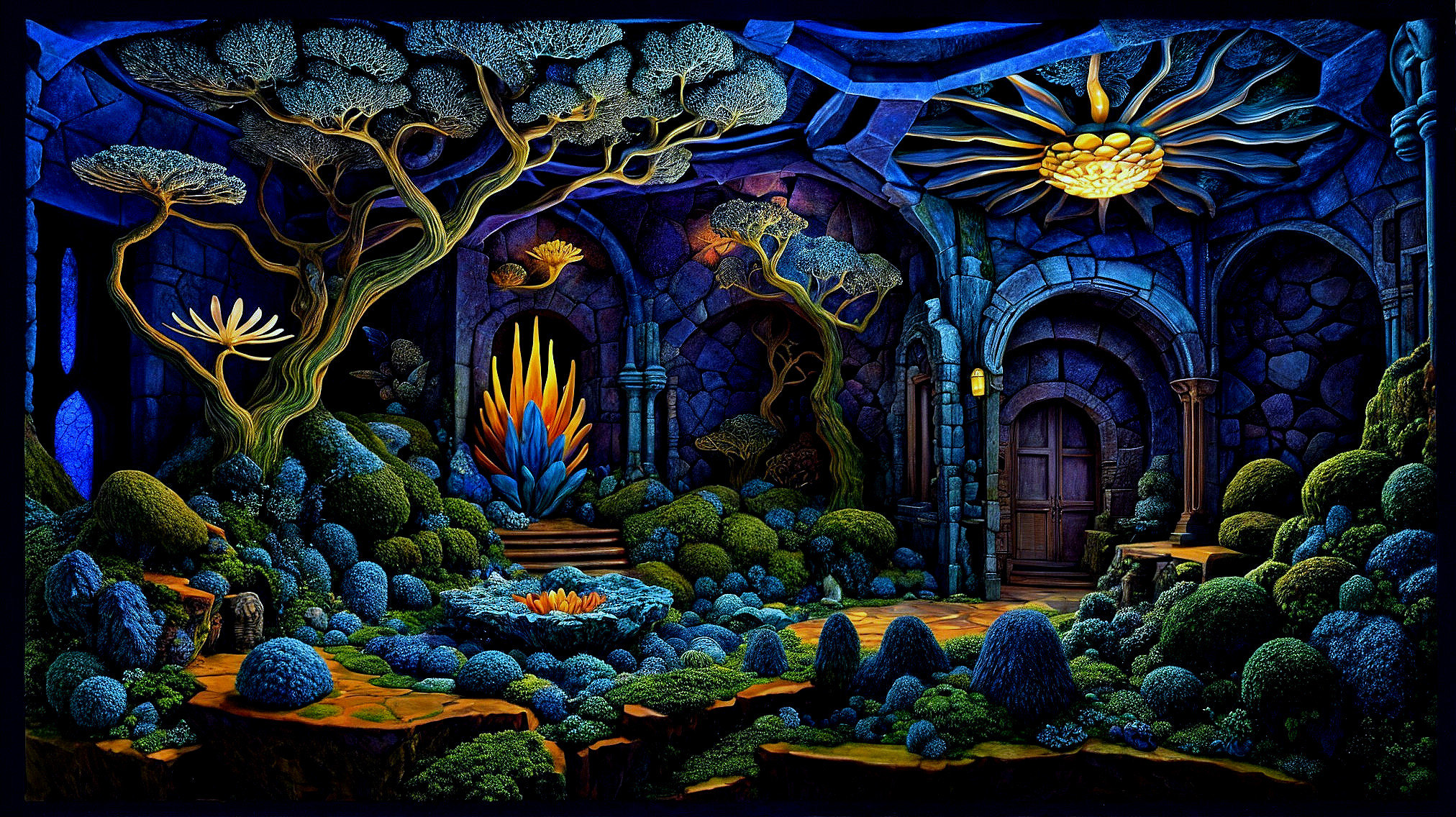 Mystical Underground Chamber with Luminescent Flora
