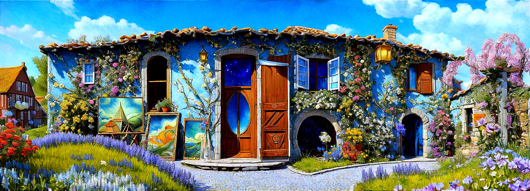 Vibrant Cottage Surrounded by Colorful Gardens
