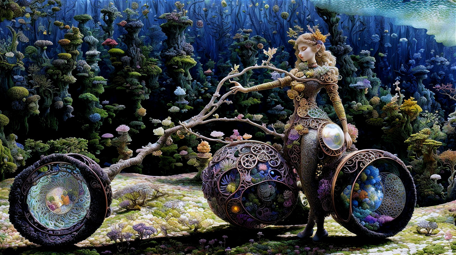 Underwater Scene with Ornate Figure and Marine Life