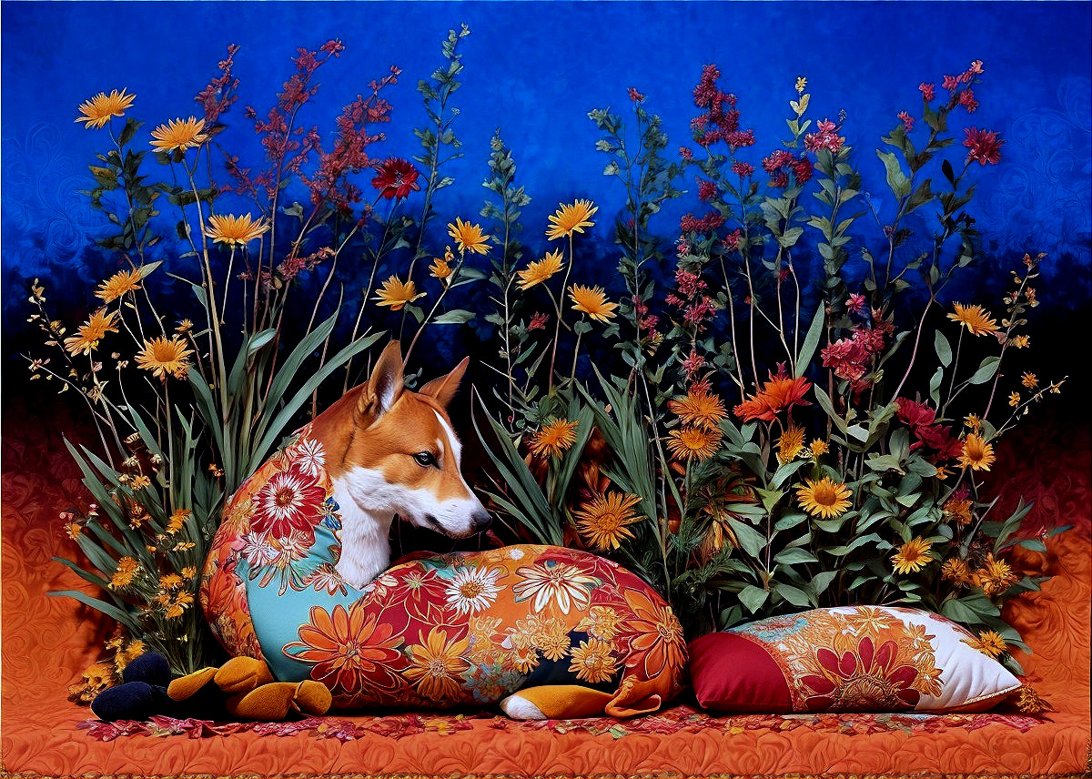 Basenji Dog Relaxing in Vibrant Floral Setting