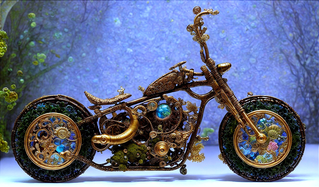 Steampunk Motorcycle with Brass Gears and Blue Accents
