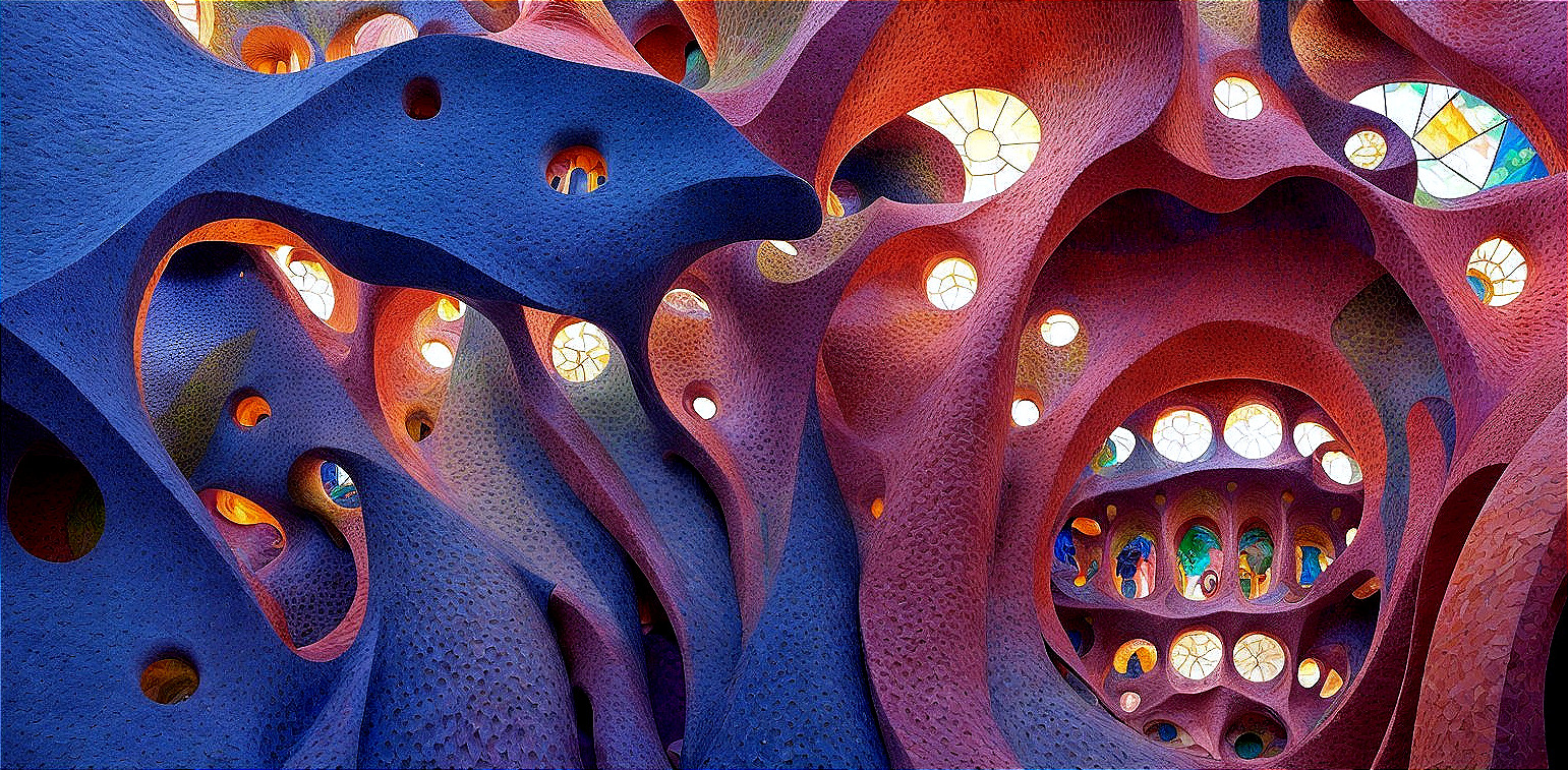 Abstract Organic Interior with Vibrant Blue and Red Forms