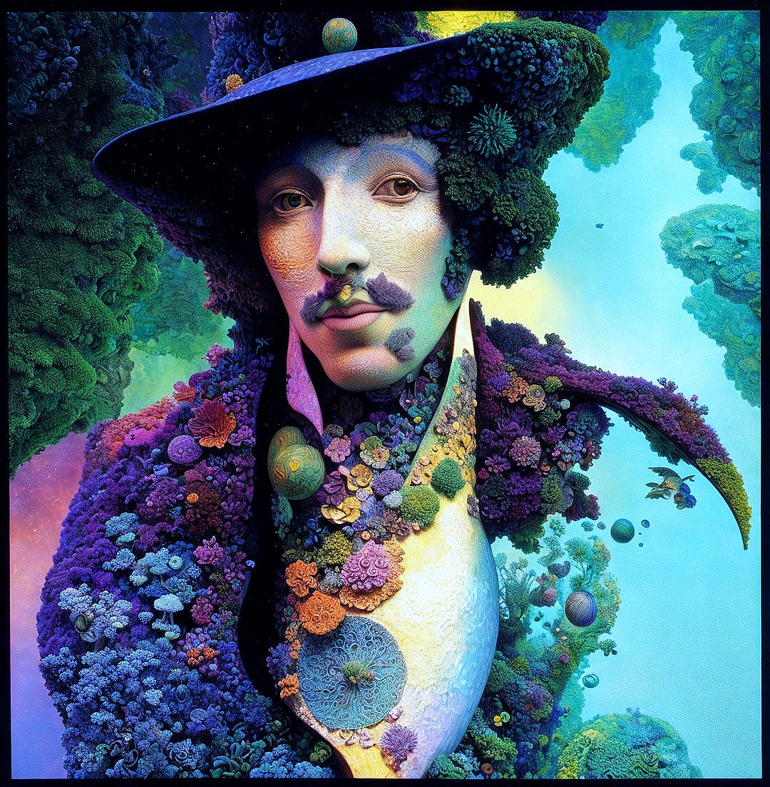 Surreal Figure with Floral Face in Dreamy Landscape